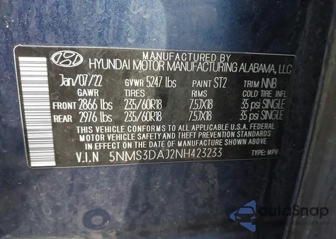 2022 Hyundai Santa Fe Sel from USA, damaged, VIN 5NMS3DAJ2NH423233